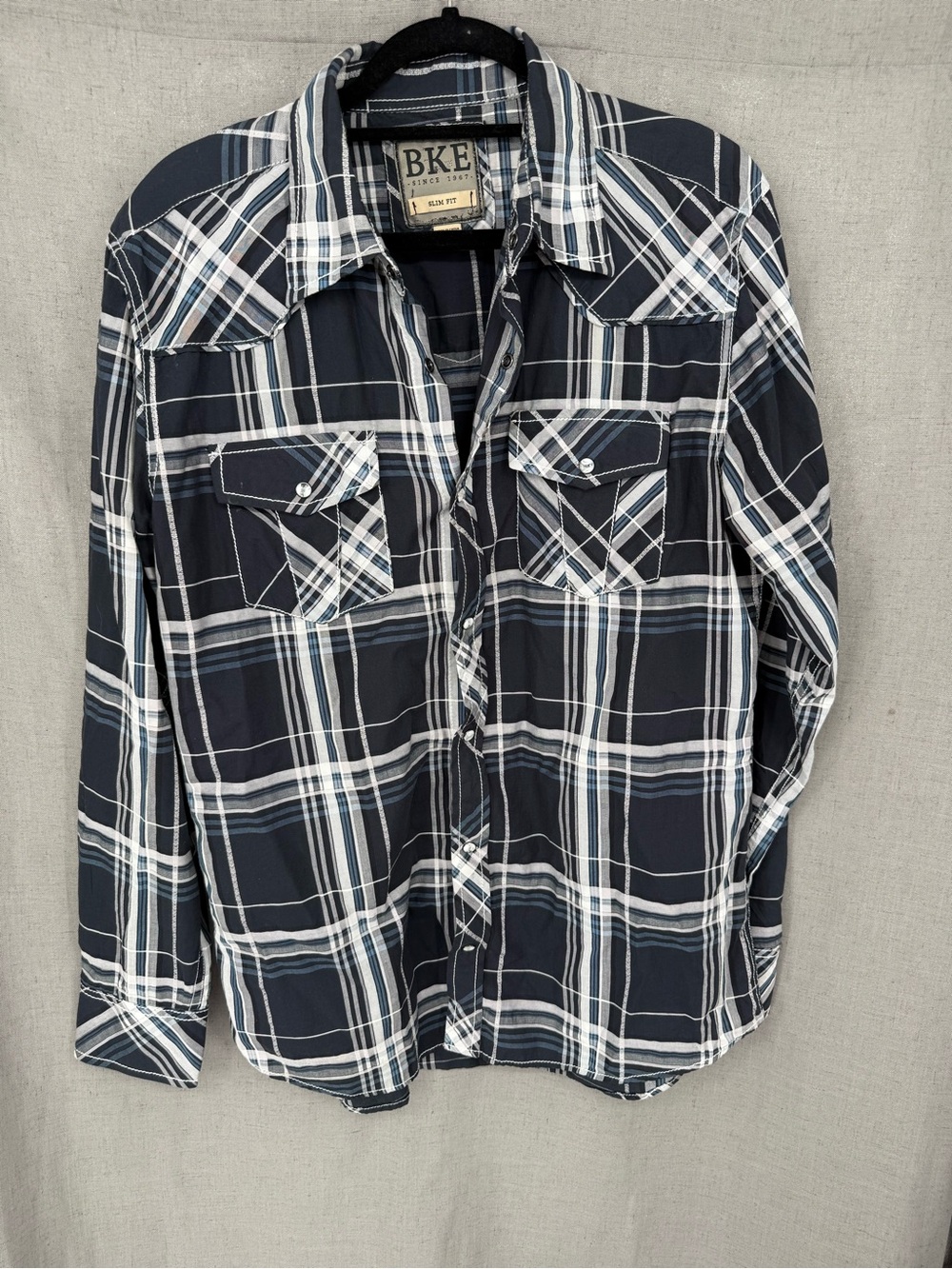 BKE Slim Fit Mens Large Pearl Snap Western Style Plaid Long sleeve Shirt Cowboy